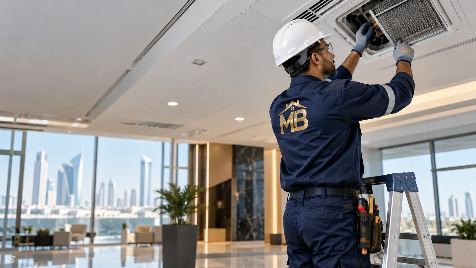 Building maintenance technician servicing ceiling equipment in a modern Abu Dhabi property
